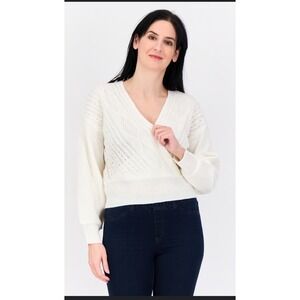 No Comment Women's White Knit Wrap Sweater‎ Long Sleeve Cable Knit V-Neck Size M